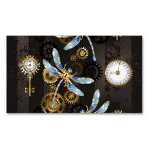 Tarjeta De Visita Magnética Libélulas Steampunk sobre fondo rayado marrón