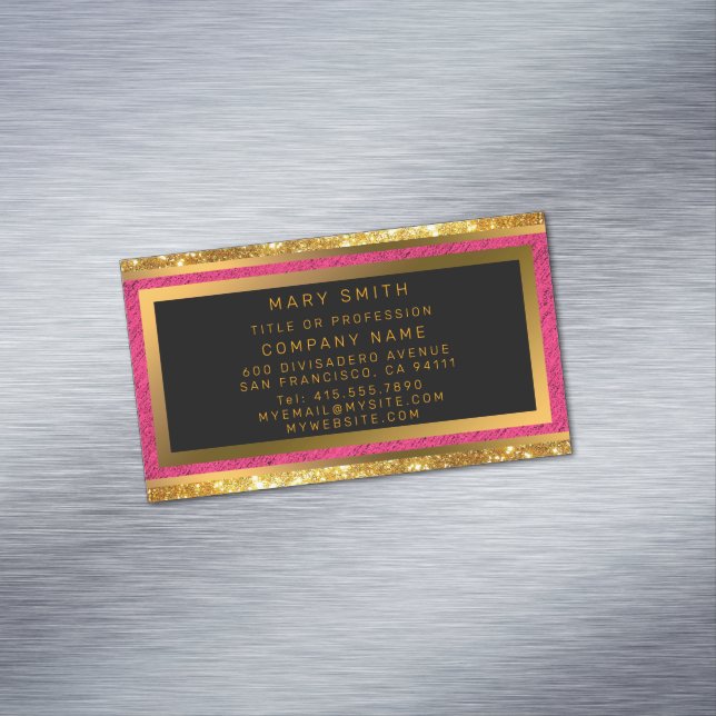 Tarjeta De Visita Magnética Lino rosa Purpurina oro moderno (In Situ)