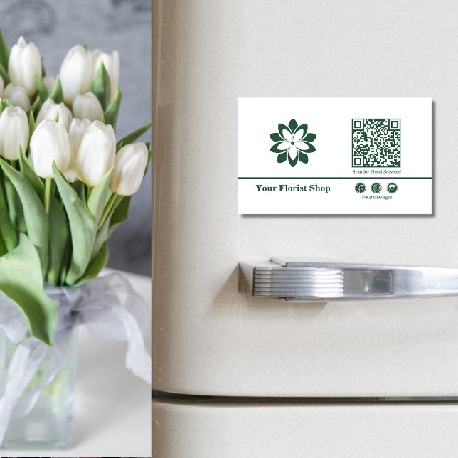 Tarjeta De Visita Magnética Logo de 🌼 Blossom Florismo Verde y Blanco (🌼Blossom Logo Florist Green & White Business Card Magnet, Custom Logo, QR code, Social Button)