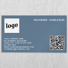 Tarjeta De Visita Magnética Logotipo simple y código QR gris azul turbio