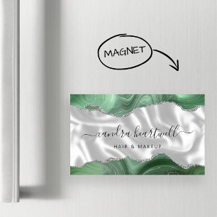 Tarjeta De Visita Magnética Lujo Verde Salvia Ágata Brillo Plateado
