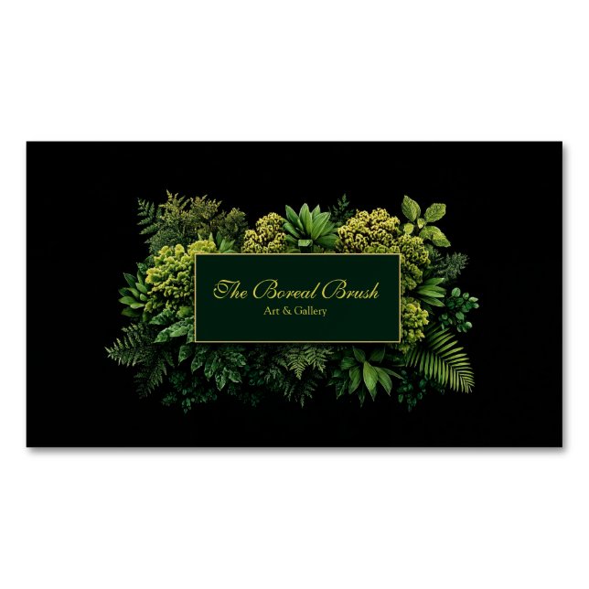 Tarjeta De Visita Magnética Lush Greenery Black Gold Frame Botanical (Anverso)