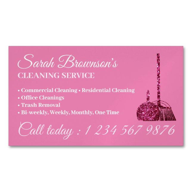 Tarjeta De Visita Magnética Lux Pink Glitz Glam Cleaning Service Janitorial (Anverso)