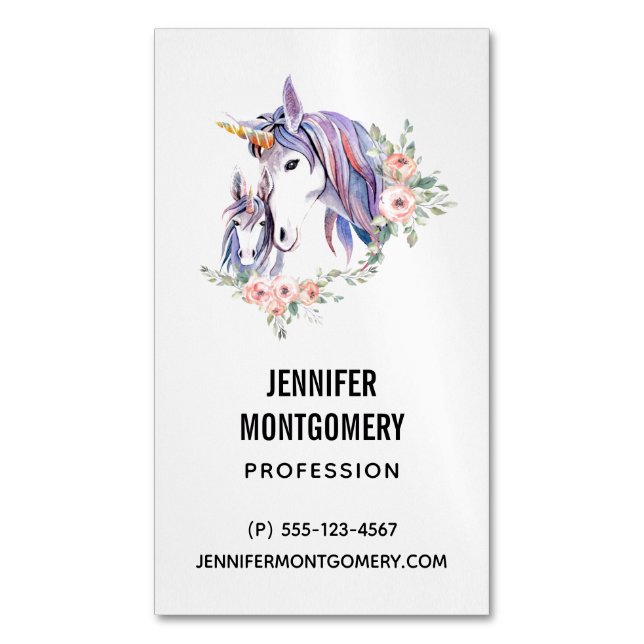 Tarjeta De Visita Magnética Magnífica unicornio, mamá y bebé acuarela