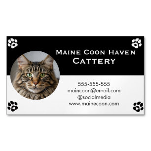 Tarjeta De Visita Magnética Maine Coon Blanco y Negro Personalizable 