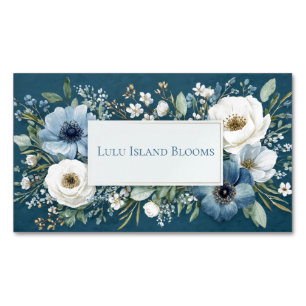 Tarjeta De Visita Magnética Marco Floral Elegante Polvo Azul Blanco Turquesa D