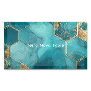 Tarjeta De Visita Magnética Mármol Líquido Geométrico Hexagonal Elegante Verde