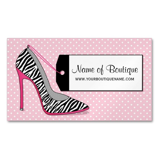 Tarjeta De Visita Magnética Moda Boutique Pink Black Zebra Print Shoes (Anverso)