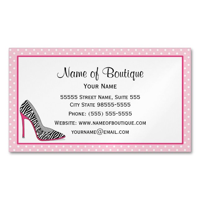 Tarjeta De Visita Magnética Moda Boutique Pink y Black Zebra Stilettos (Anverso)