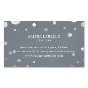 Tarjeta De Visita Magnética Moda Femenina Gris Plata Confetti Polka Punto