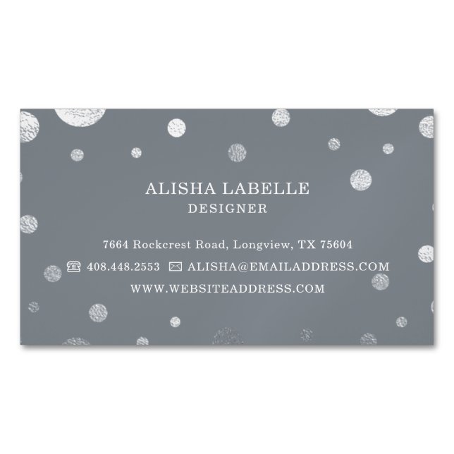 Tarjeta De Visita Magnética Moda Femenina Gris Plata Confetti Polka Punto (Anverso)