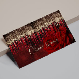 Tarjeta De Visita Magnética Moda flor roja goteo de oro purpurina monograma