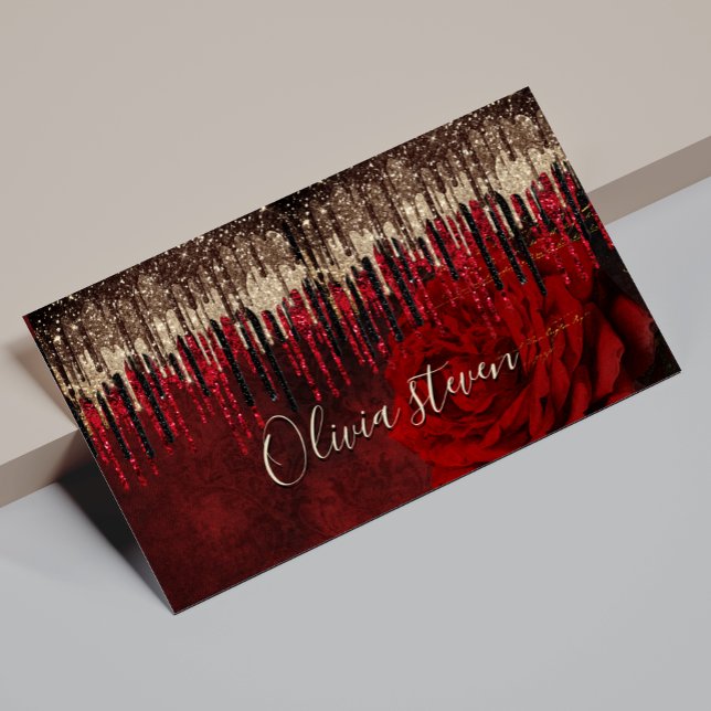 Tarjeta De Visita Magnética Moda flor roja goteo de oro purpurina monograma (Subido por el creador)