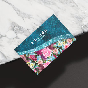 Tarjeta De Visita Magnética Moda floral aqua azul burdeos purpurina monograma