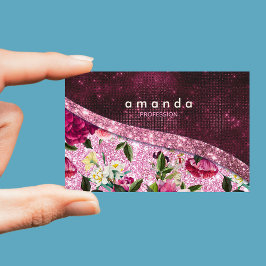 Tarjeta De Visita Magnética Moda floral Borgoña rosa purpurina monograma