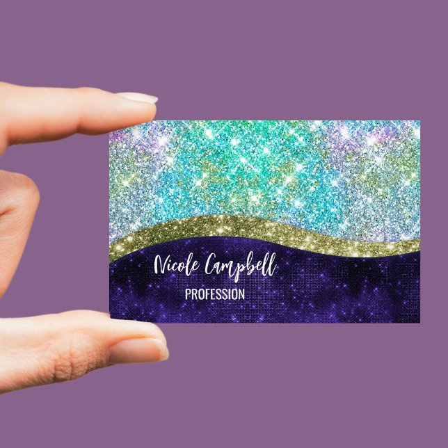 Tarjeta De Visita Magnética Moda monograma purpurina iridiscente azul morado (Subido por el creador)