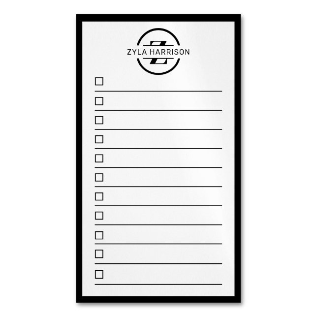 Tarjeta De Visita Magnética Modern Black White Monogram Name To Do List (Frente vertical)