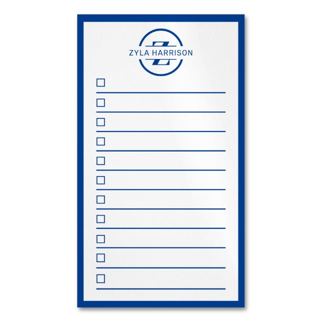 Tarjeta De Visita Magnética Modern Monogram Name Navy Blue To Do List (Frente vertical)