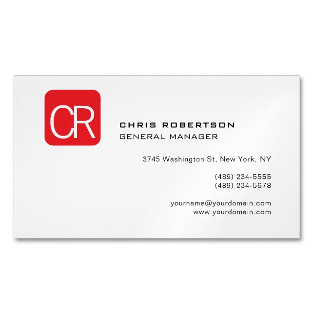 Tarjeta De Visita Magnética Modern Monogram Red White Professional Plain (Anverso)
