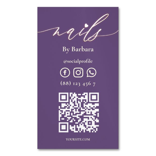 Tarjeta De Visita Magnética Moderno Nail Art Beauty Salon Technician Purple (Frente vertical)