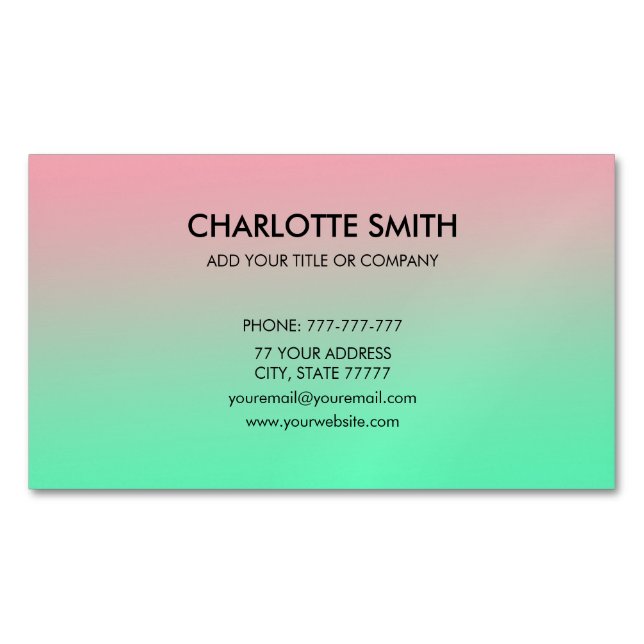 Tarjeta De Visita Magnética Moderno Personalizable de degradado rosa y verde (Anverso)