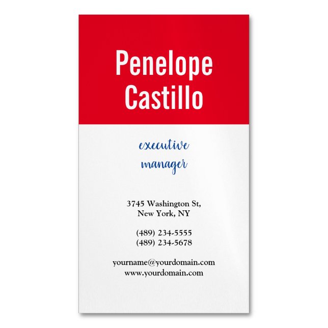 Tarjeta De Visita Magnética Moderno profesional Simple Blanco Rojo Azul (Frente vertical)