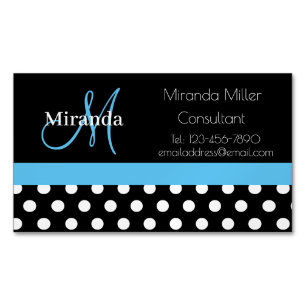 Tarjeta De Visita Magnética Monograma azul Punto de Polka Blanco Negro