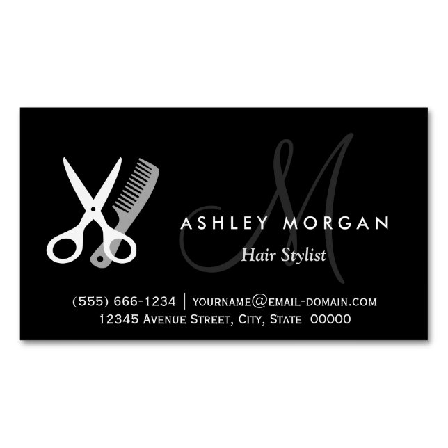 Tarjeta De Visita Magnética Monograma blanco negro - Hair Salon Hairstylist (Anverso)