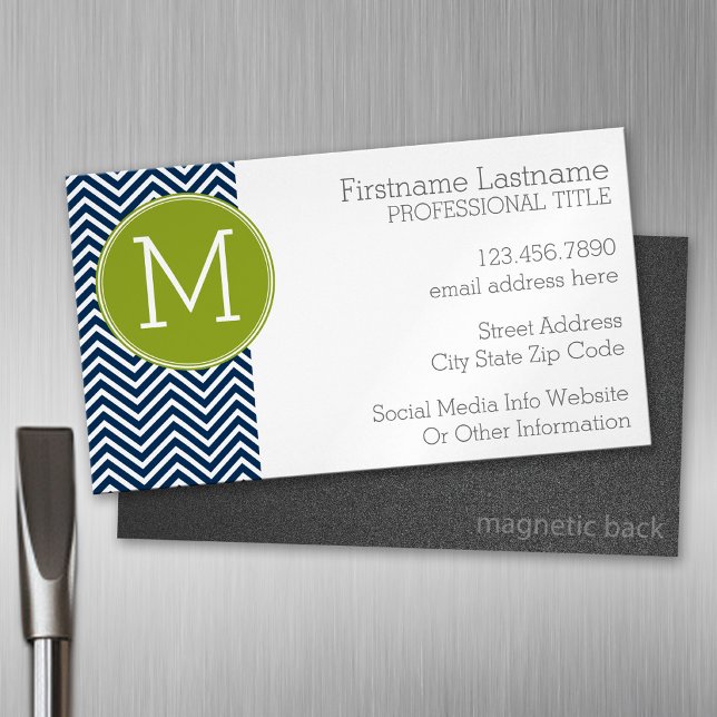 Tarjeta De Visita Magnética Monograma del Personalizado de los Chevrons azul y (Custom Business Card Magnet)