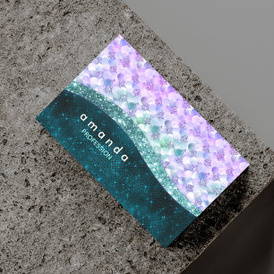 Tarjeta De Visita Magnética monograma elegante de sirena iridiscente faux purp