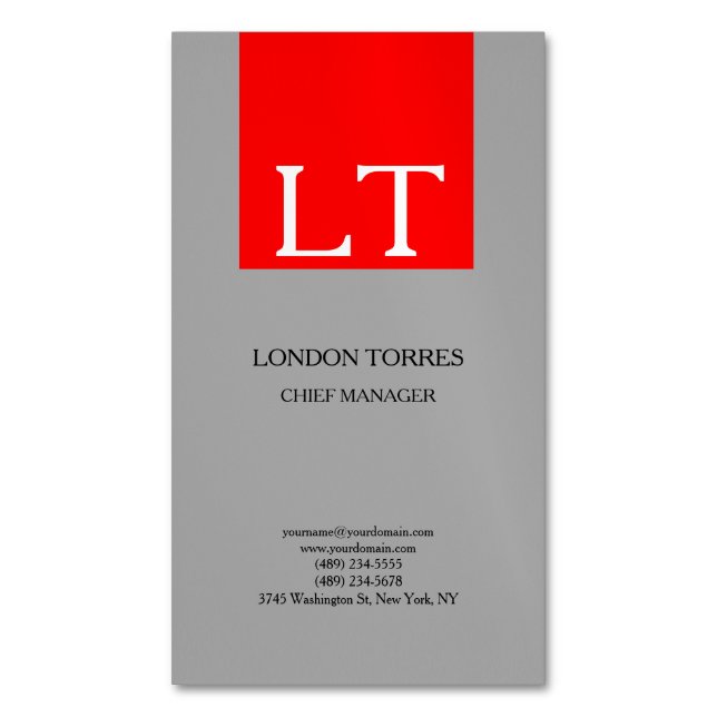 Tarjeta De Visita Magnética Monograma Gris Atractivo Llanto Blanco Rojo (Frente vertical)