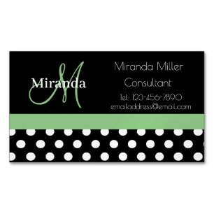 Tarjeta De Visita Magnética Monograma verde Punto de Polka Blanco Negro