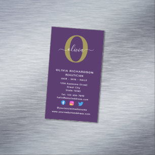 Tarjeta De Visita Magnética Monograma vertical Nombre de guión Morado Oro Blan