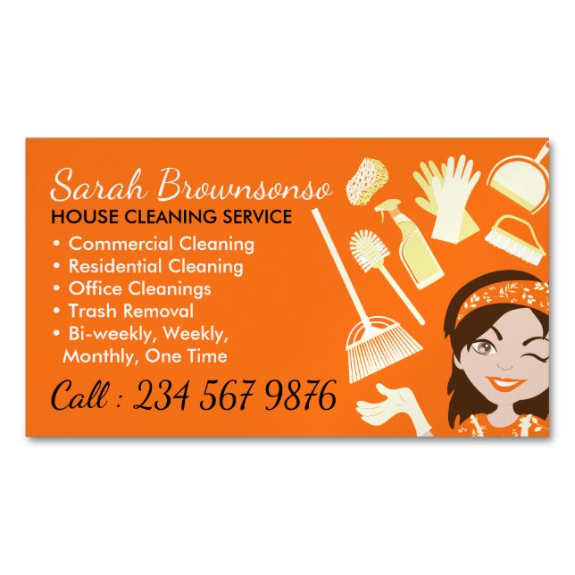 Tarjeta De Visita Magnética Naranja Servicio de Limpieza de Mata (Anverso)