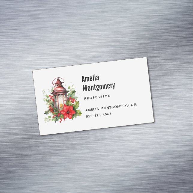 Tarjeta De Visita Magnética Navidades rojos Lantern Poinsettia y Pine (In Situ)