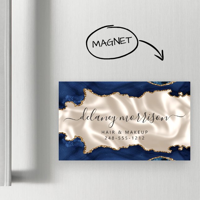 Tarjeta De Visita Magnética Navy Blue Agate Gold Glitter Ivory Luxury (Subido por el creador)