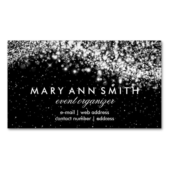 Tarjeta De Visita Magnética Negro chispeante de plata profesional elegante de (Anverso)