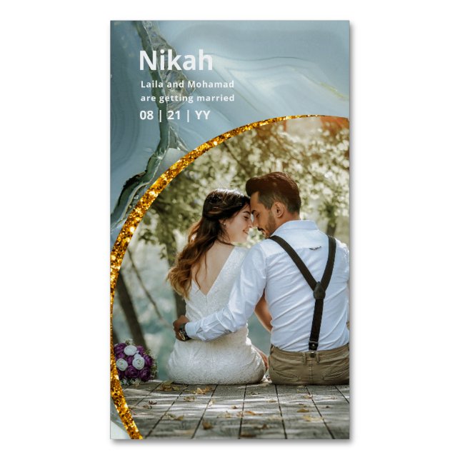Tarjeta De Visita Magnética NIKAH - FOTO Verde azulada de oro del Boda Budget  (Frente vertical)
