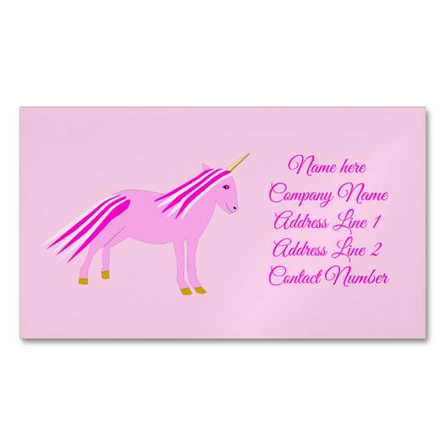 Tarjeta De Visita Magnética Niña Rosa bonito Personalizado Unicornio (Anverso)
