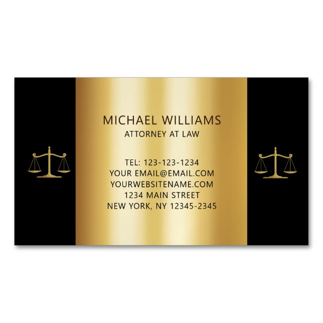 Tarjeta De Visita Magnética Oro elegante en escalas negras de abogado de justi (Anverso)