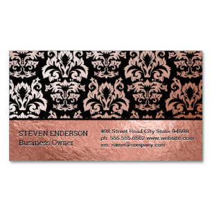 Tarjeta De Visita Magnética Oro Rosa de Hoja y Patrón Damask