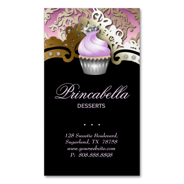 Tarjeta De Visita Magnética Panadería Cupcake Elegante Damask Purple Gold (Frente vertical)
