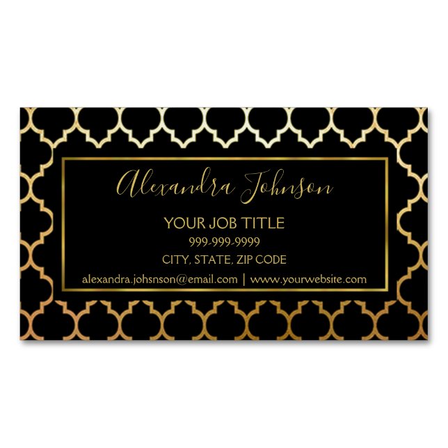 Tarjeta De Visita Magnética Patrón de Art Deco Moderno Negro y Relieve metaliz (Anverso)