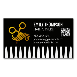 Tarjeta De Visita Magnética Peine de oro   Estilista de cabello   Código QR