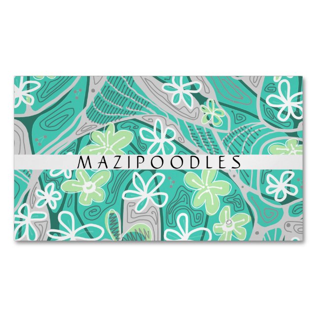 Tarjeta De Visita Magnética Personal Creative Floral Neuro Art Teal Green Gray (Anverso)