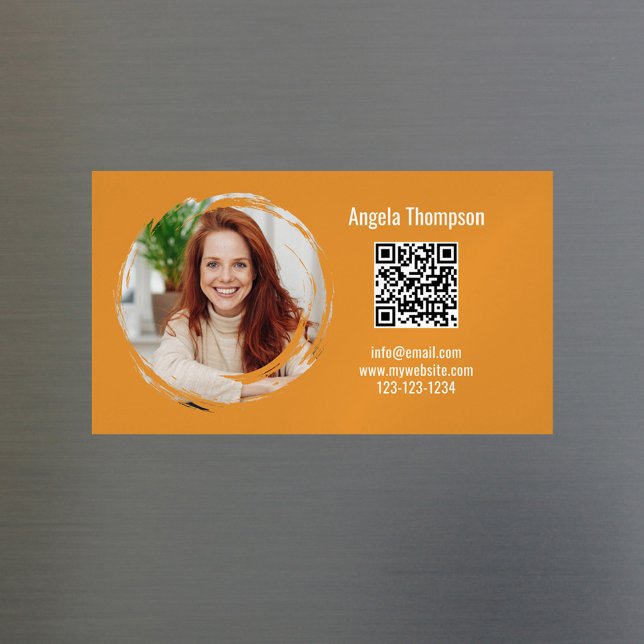 Tarjeta De Visita Magnética Photo QR Code Orange Modern Magnetic  (Business card magnet with scannable QR code. )