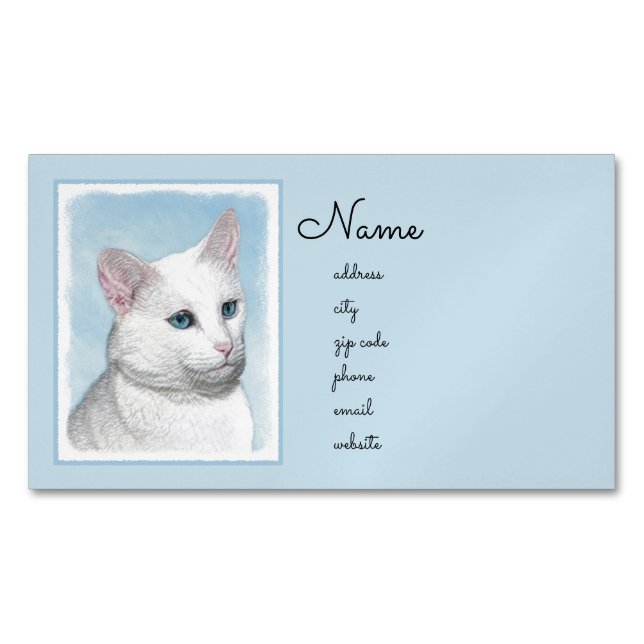 Tarjeta De Visita Magnética Pintura de gato blanco - Arte de gato original lin (Anverso)