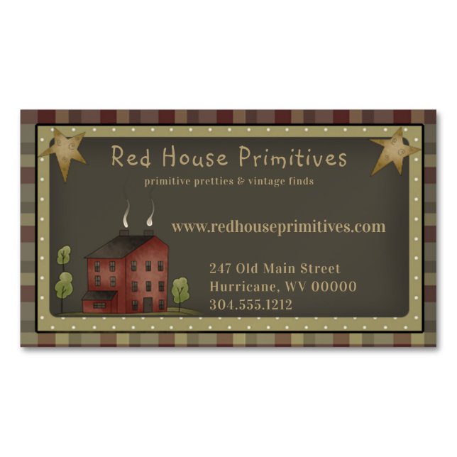 Tarjeta De Visita Magnética Primitive Country Red Saltbox House & Stars (Anverso)