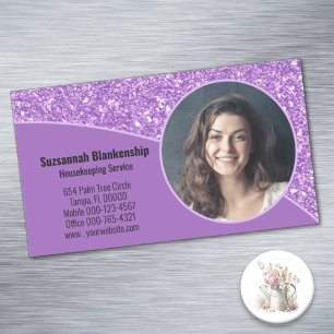 Tarjeta De Visita Magnética Profesional Foto Personalizada Purpura Brillo Fals