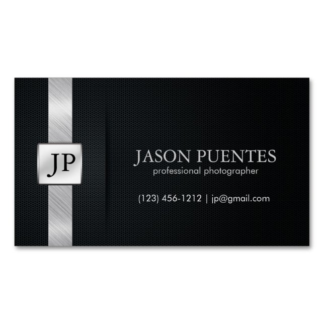 Tarjeta De Visita Magnética Profesional negro y de plata elegante (Anverso)
